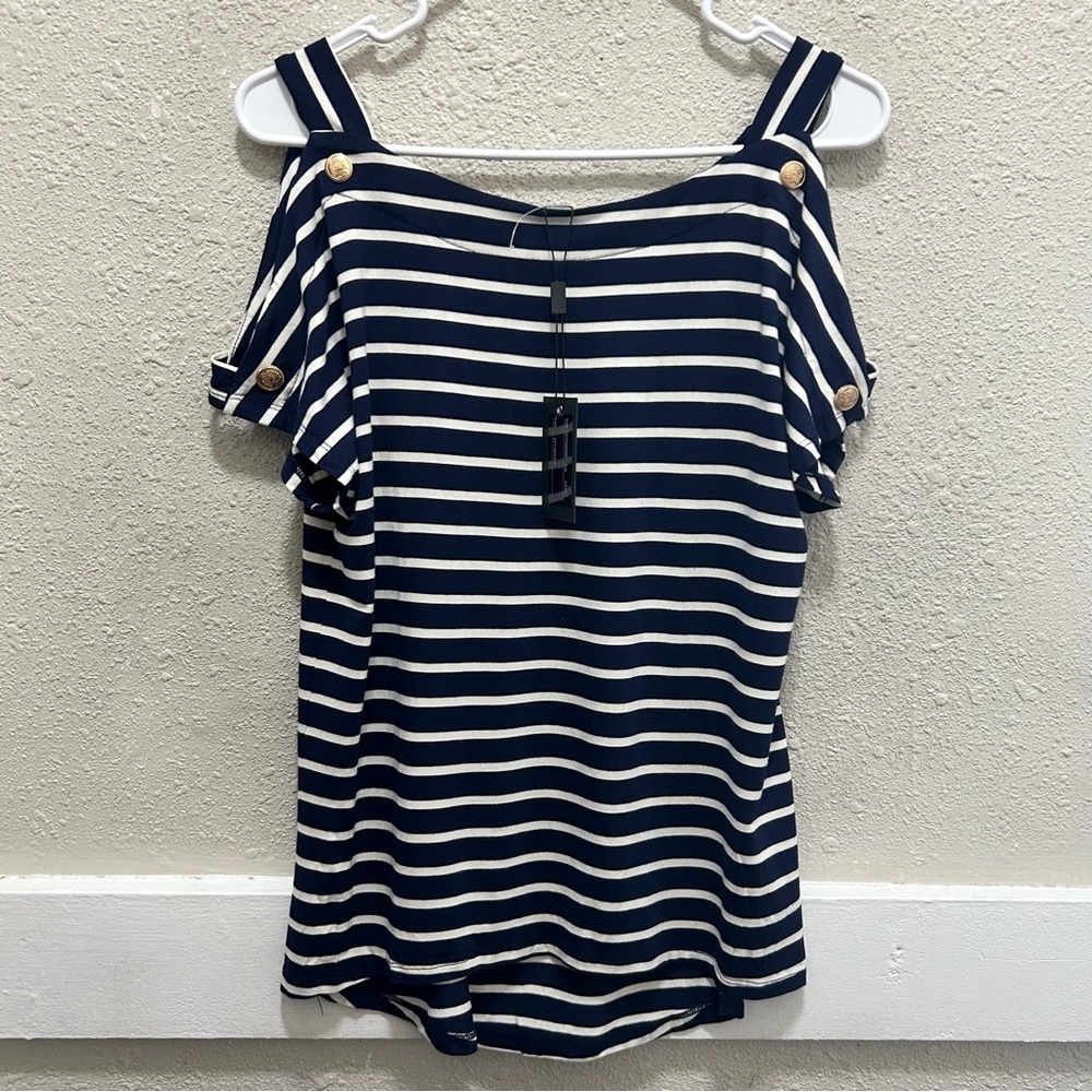 Cable & Gauge Navy and White Stripe w/ Gold Buttons Cold Shoulder Top NWT Small